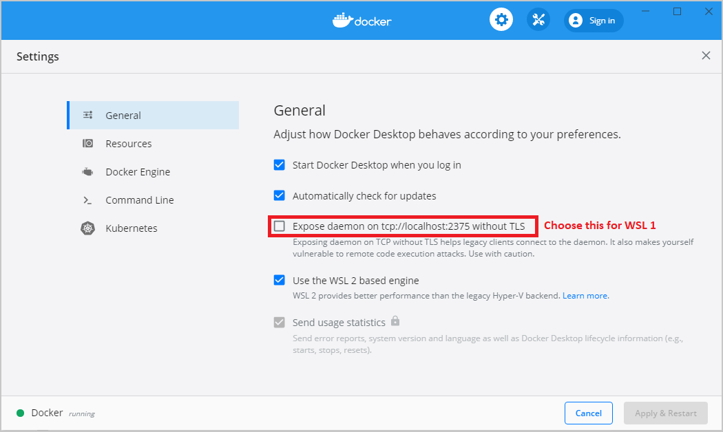 Docker settings enable for WSL