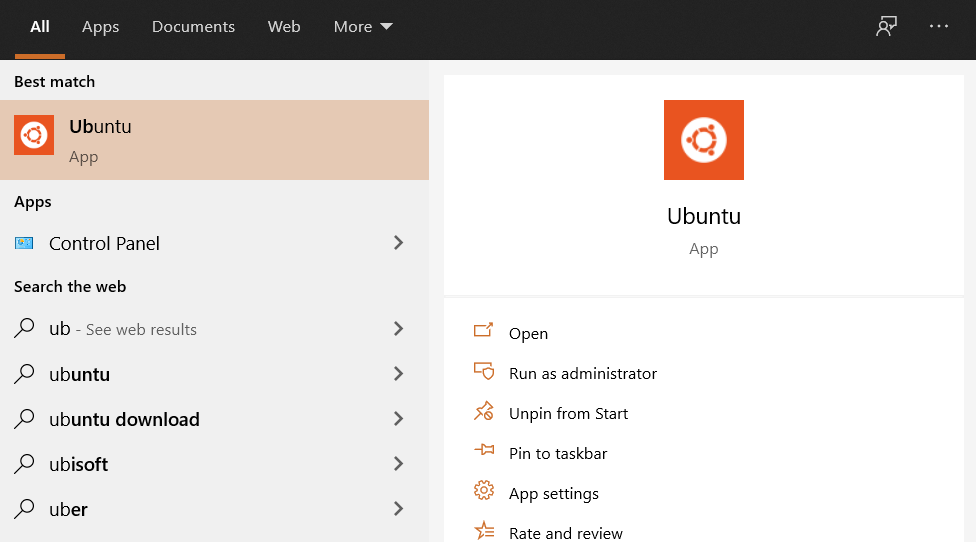 Ubuntu app visible in Start Menu