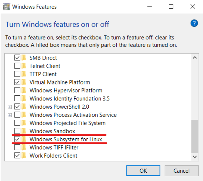 Select check box next to Windows Subsystem for Linux